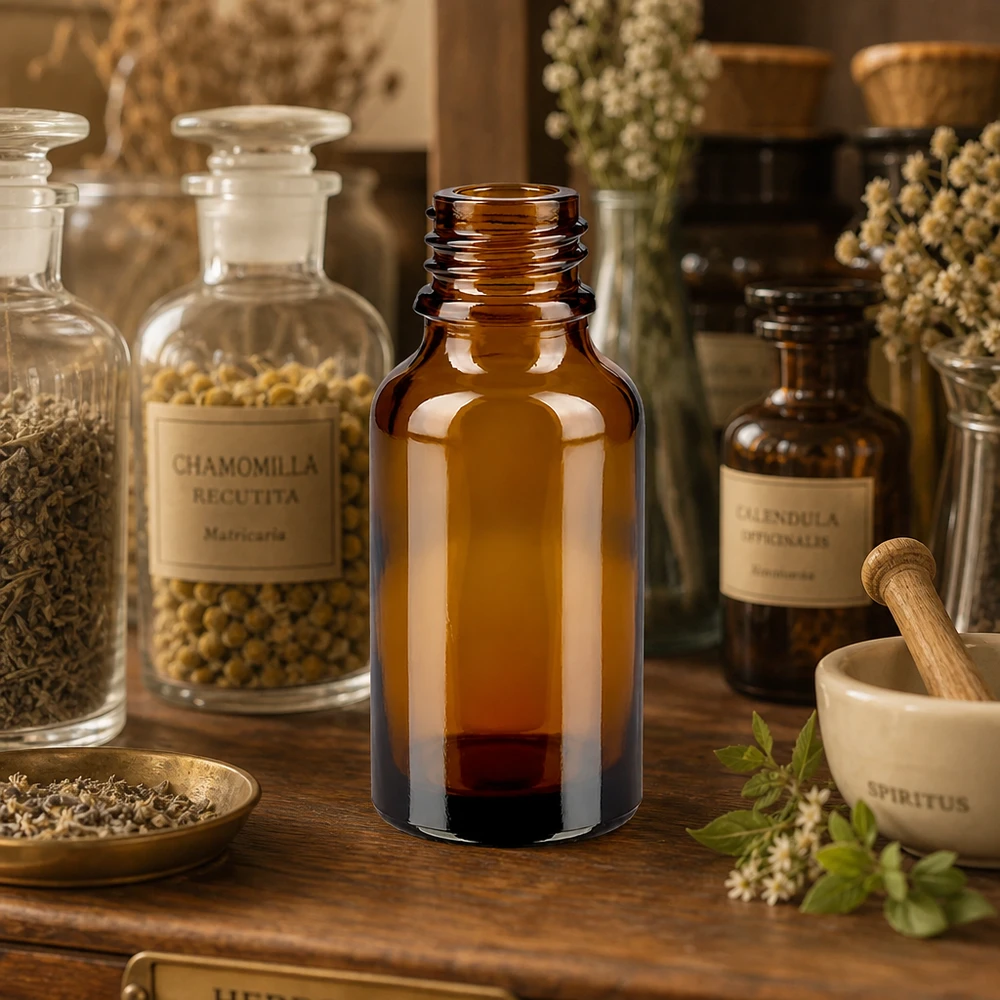 Flacon compte-gouttes 30 ml DIN 18 verre brun forme basse Bouteille de pharmacie brune de 30 ml ApoGlas avec teinture foncée dans une pharmacie traditionnelle de plantes médicinales à côté d'un mortier