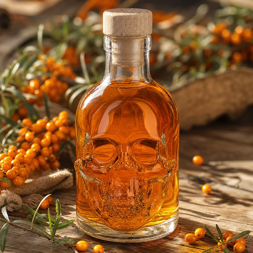 Bouteille Jack en verre ambré de 200 ml avec tête de mort en relief parmi des baies d'argousier sur une table en bois rustique