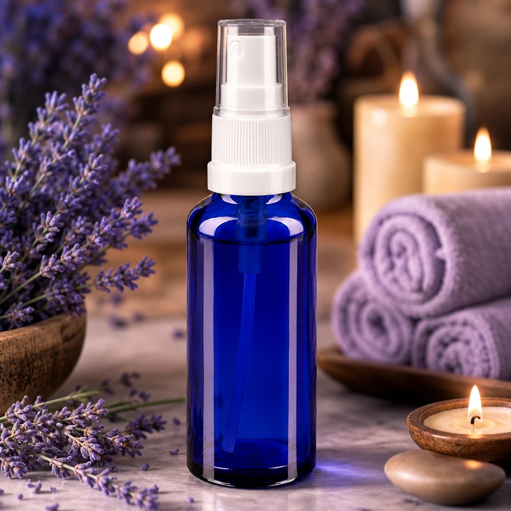 Flacon de pharmacie bleu 10ml embout spray noir Flacon vaporisateur en verre bleu cobalt de 10 ml avec bouchon de protection transparent, dans une ambiance spa