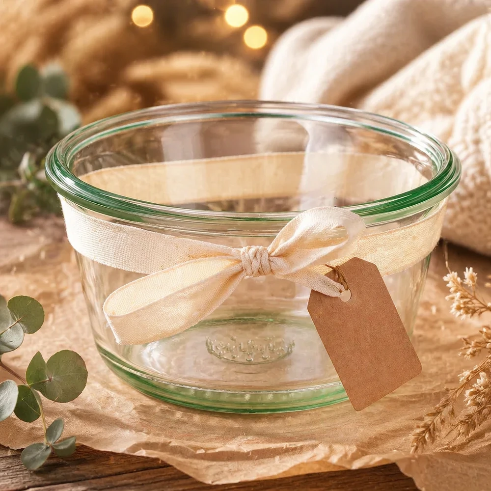 290ml bocal gourmet WECK RR100 WECK RR100 290ml Gourmetglas dekorativ mit Schleifenband und Anhänger als Geschenkidee auf natürlich gedecktem Tisch