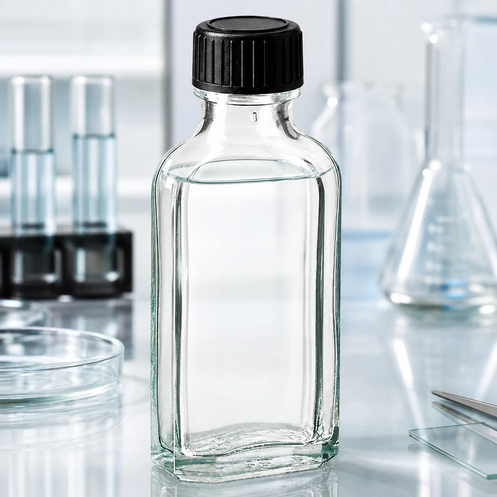 Flasque transparente de 50 ml au goulot DIN 22, avec bouchon à vis DIN 22 noir et joint LKD Petite bouteille carrée transparente de 50 ml avec joint LKD, à côté d'un ballon d'Erlenmeyer et de tubes à essai