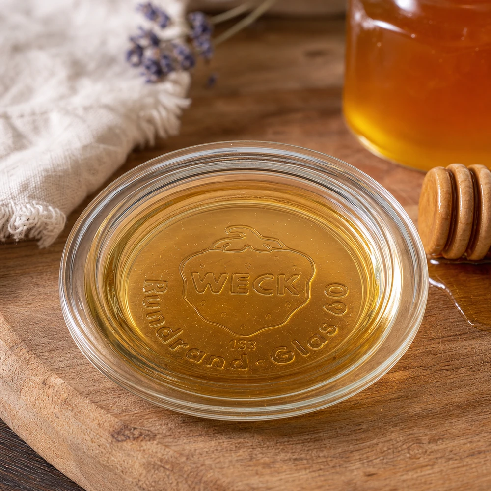 WECK Couvercle en verre RR60 Détail avec logo de la marque en relief et miel sur surface en bois Lifestyle Photographie de produit