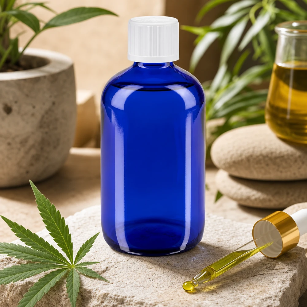 Flacon de pharmacie bleu 100ml bouchon compte-gouttes blanc sécurité enfant std Flacon en verre bleu cobalt de 100 ml avec bouchon de sécurité enfant, dans un cadre de bien-être au charme naturel