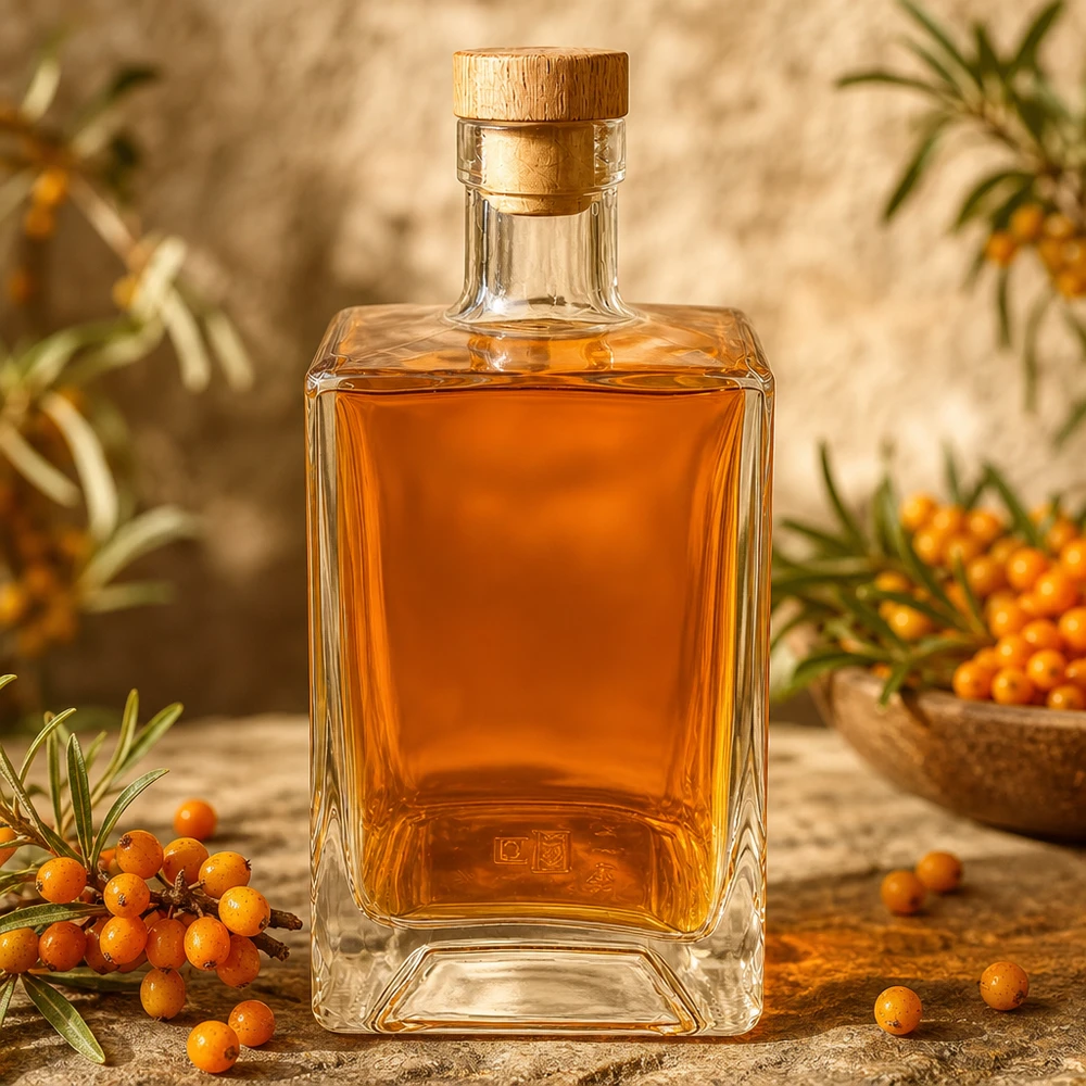 Bouteille en verre 700 ml « Ben » avec bouchon en bois UNiTWIST® Bouteille en verre Ben de 700ml remplie de liqueur d'argousier orange entre des baies d'argousier décoration naturelle UNiTWIST Ho