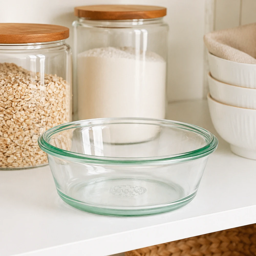 WECK RR120 Verre à gourmet 300ml vide sur le plan de travail blanc de la cuisine à côté des bocaux à provisions montre un design clair
