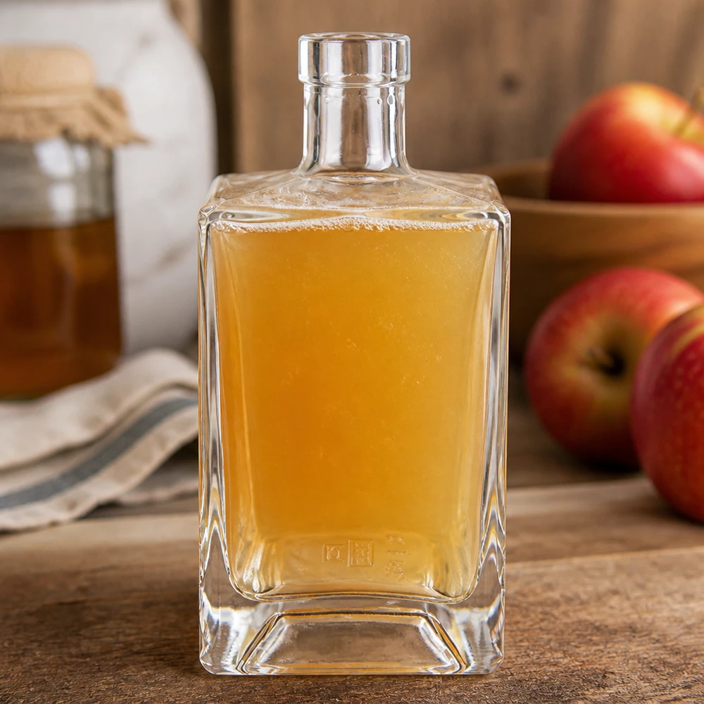 Bouteille en verre Ben de 700 ml remplie de jus de pomme, à côté de pommes rouges sur une planche en bois, pour une atmosphère de cuisine naturelle.