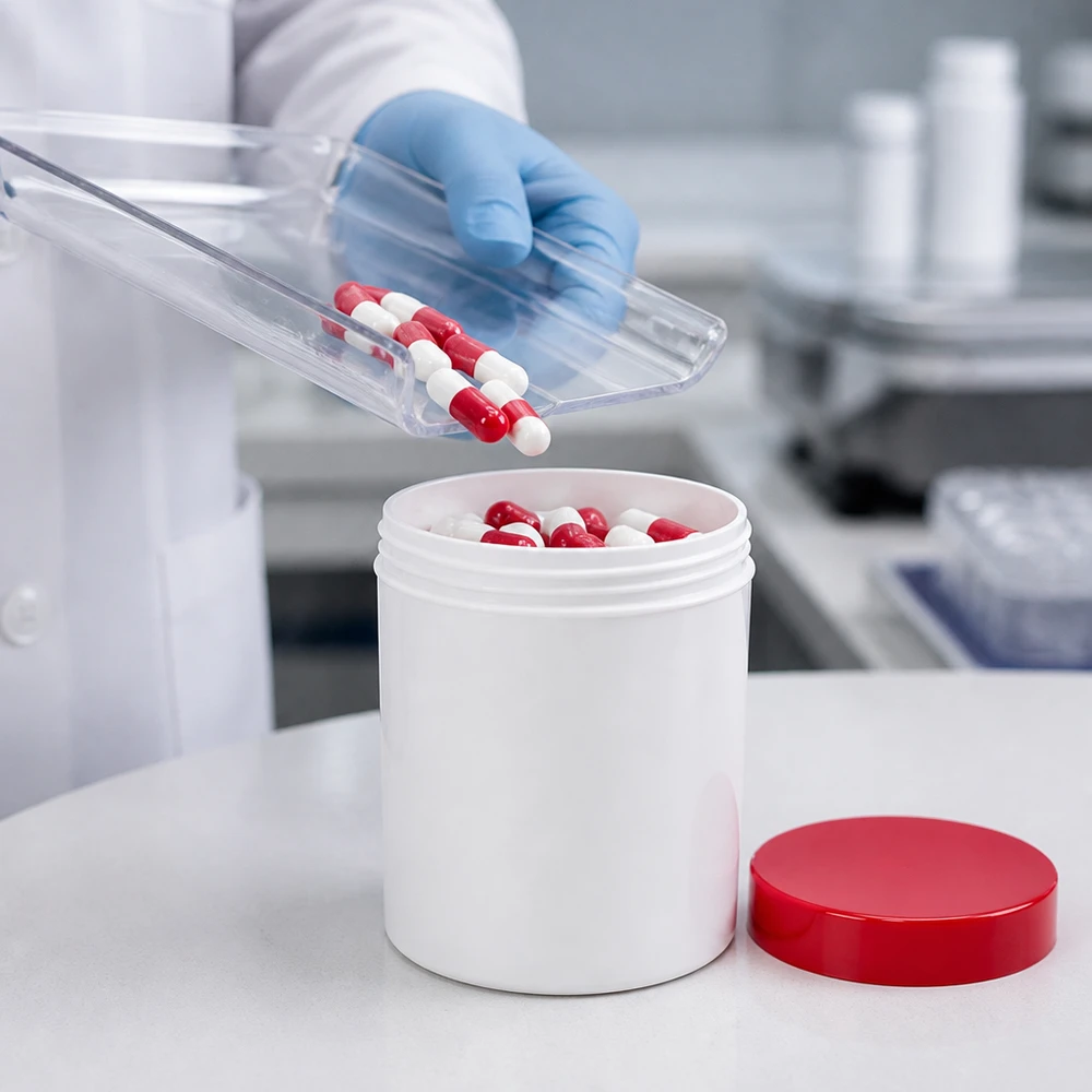 Pot de conditionnement pharmaceutique de 20 g en polypropylène blanc avec couvercle rouge, destiné aux gélules et aux poudres