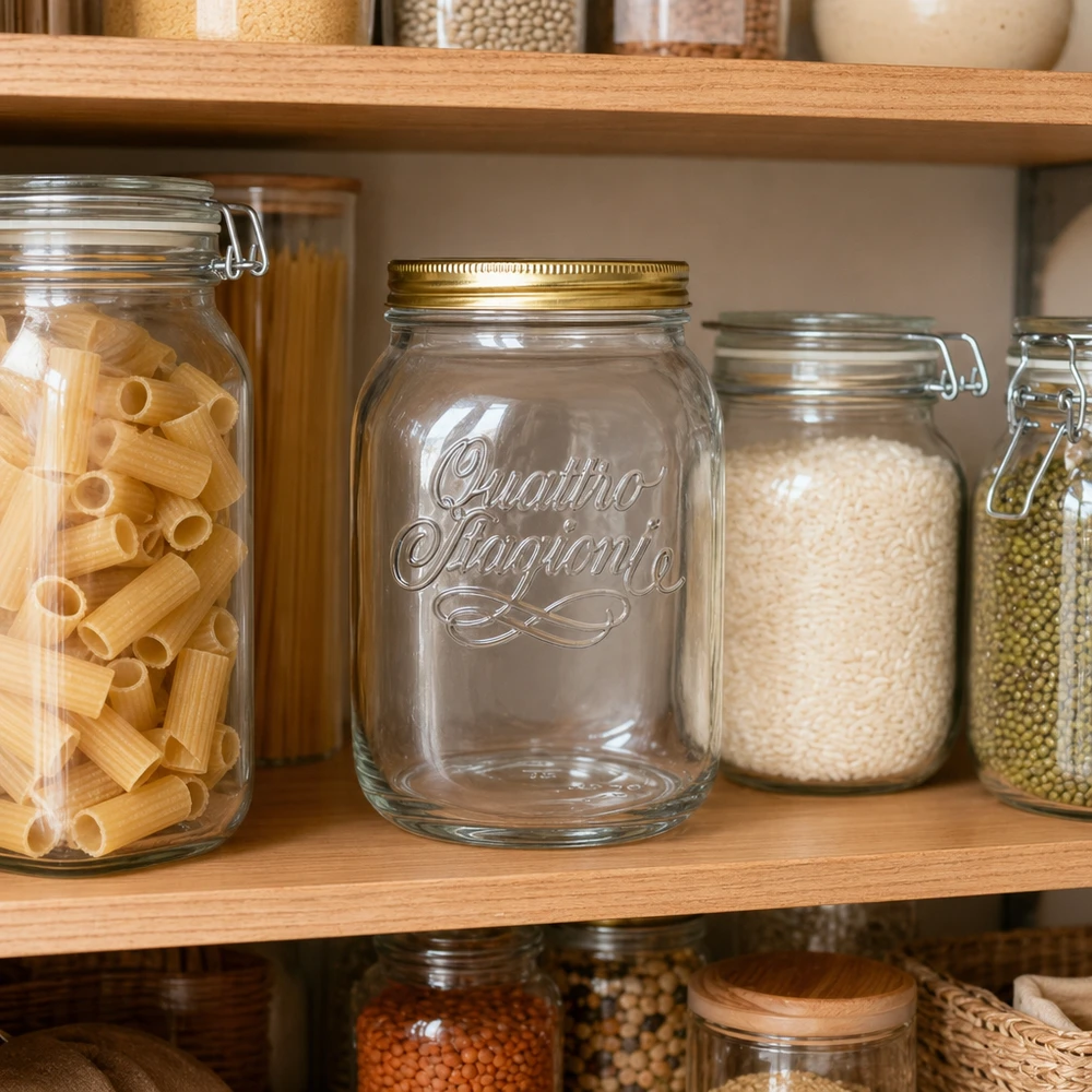 Quattro Stagioni 2L bocal de stockage dans une cantine de cuisine organisée avec des pâtes et du riz - bocal de stockage pratique