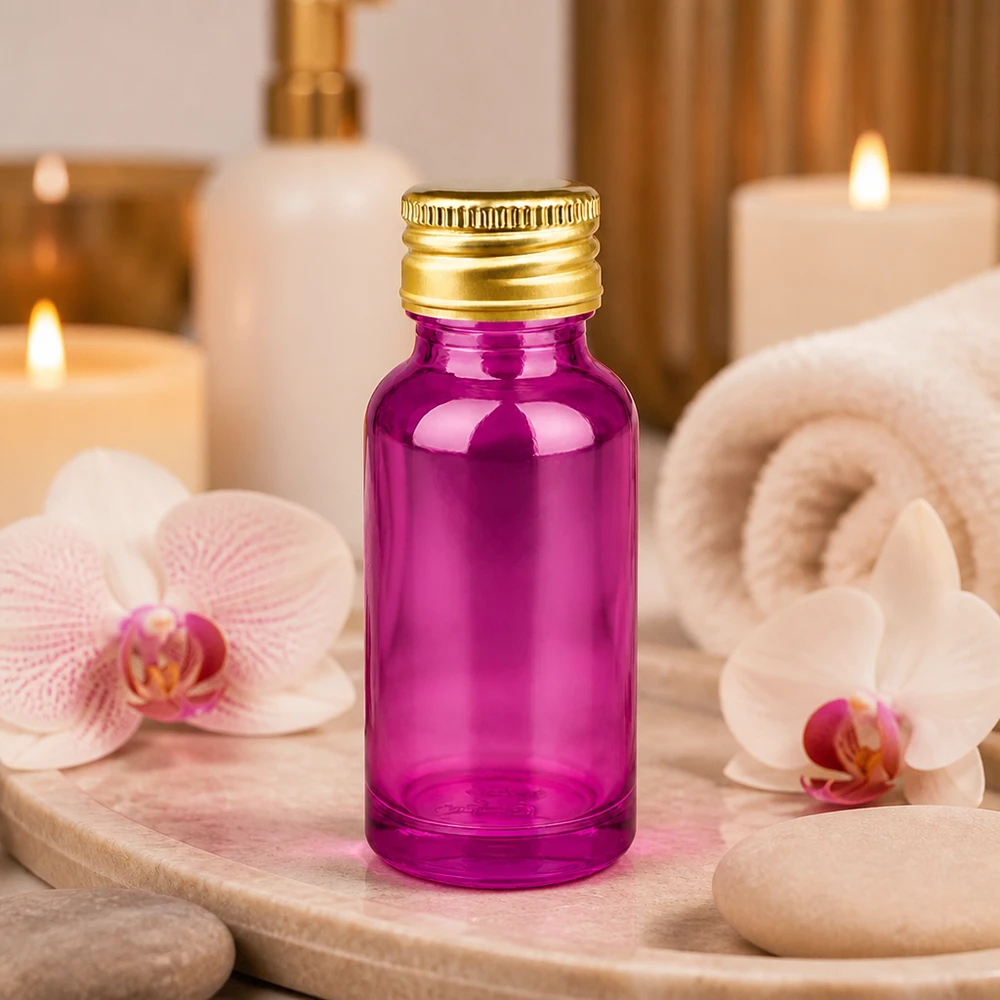 Flacon 20ml 11mm bouchon à vis alu-or standard PurpleLine. UT18/20 Flacon en verre compact de 20 ml d'un violet intense avec bouchon standard pour une utilisation professionnelle