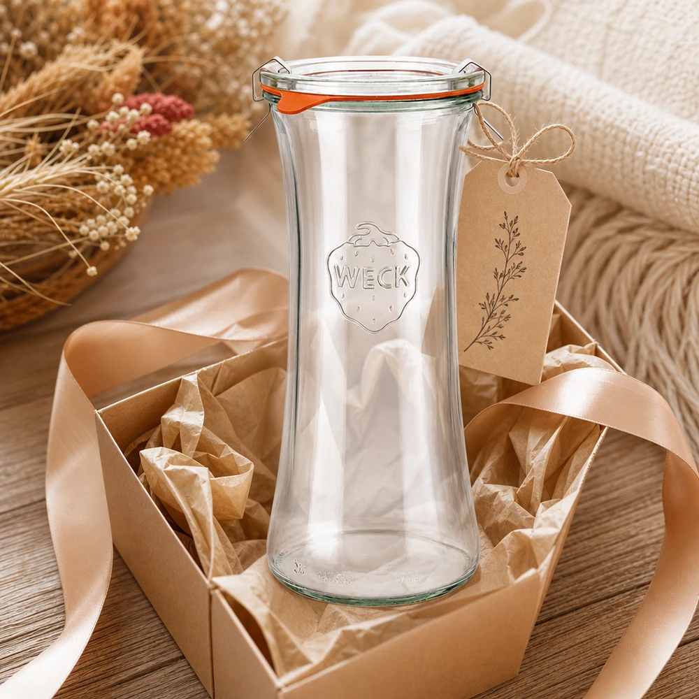 700ml bocal à gourmandises complet WECK RR80 WECK Pot à délicatesse 700ml RR80 comme cadeau emballé avec un ruban et un pendentif dans une décoration rustique