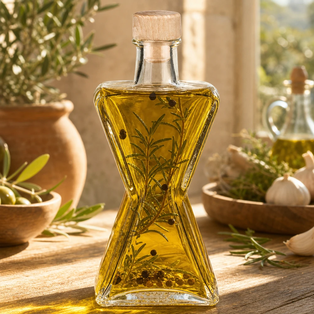 Bouteille en verre 200 ml « Star » avec bouchon en bois UNiTWIST® Bouteille en verre Star de 200 ml remplie d'huile aux herbes et de romarin - bouchon en bois UNiTWIST pour huiles et vinaigres aromatiques