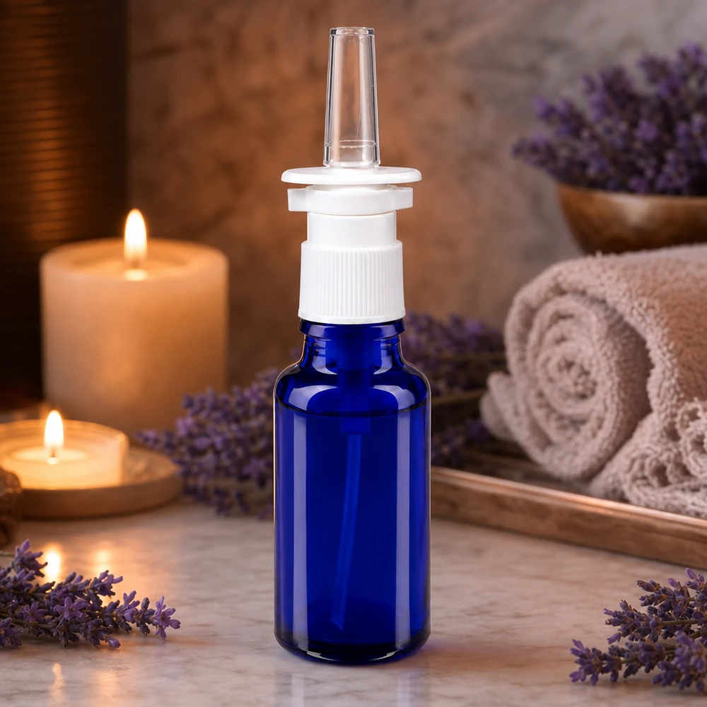 Flacon à pharmacie bleu 20ml vaporisateur nasal blanc standard Flacon de spray nasal de pharmacie de 20 ml en verre bleu, orné d'un motif de lavande, avec des bougies en arrière-plan