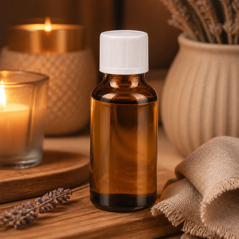 Flacon pharm. brun 20ml, bouchon blanc, sécu. enfant std. Petit flacon compte-gouttes marron de 20 ml avec un bouchon KiSi blanc, dans une ambiance chaleureuse à la lueur des bougies