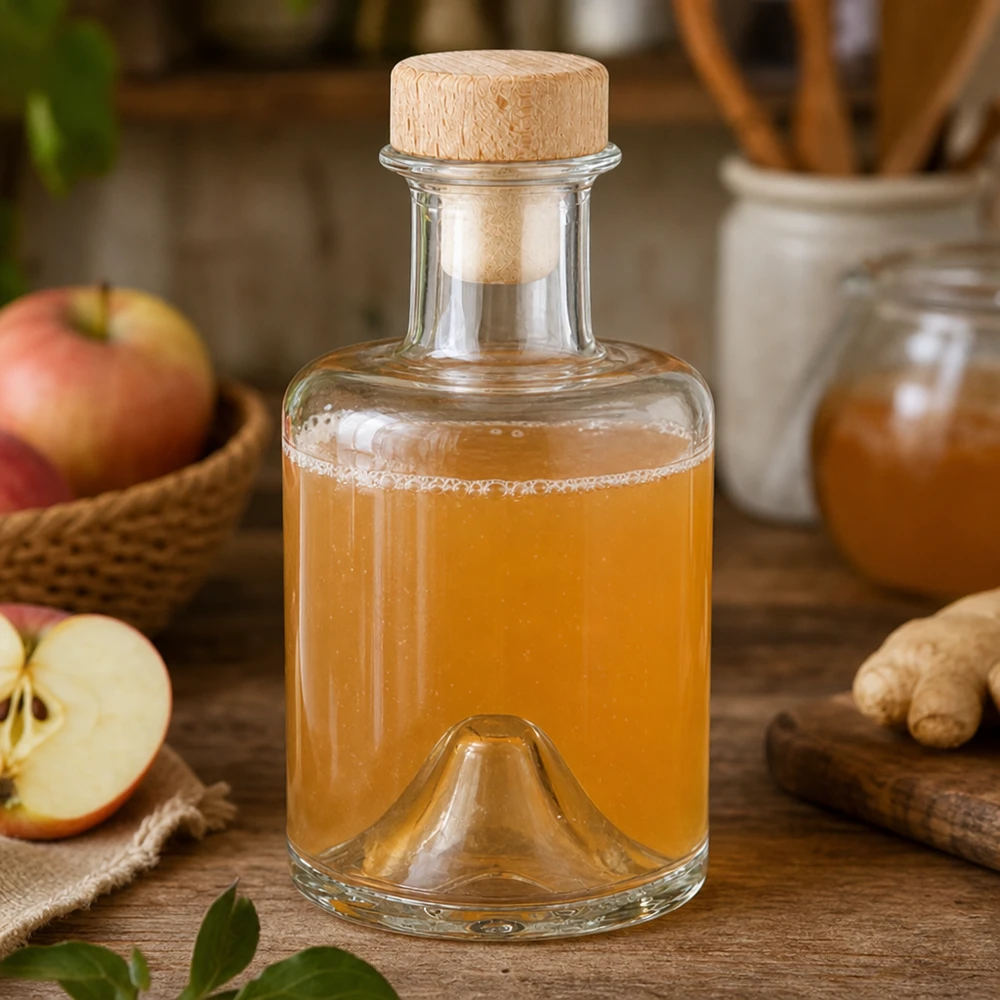 Flacon à pharmacie « Sofia » 200 ml avec bouchon en bois UNiTWIST® Bouteille en verre Sofia de 200 ml avec bouchon en bois remplie de vinaigre de cidre à côté de pomme et de gingembre dans une scène de cuisine naturelle
