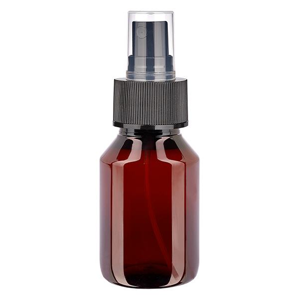Flacon médical de 50 ml en PET, avec spray noir GCMI 28/410 et capuchon transparent standard Flacon médical de 50 ml en PET, avec spray noir GCMI 28/410 et capuchon transparent standard