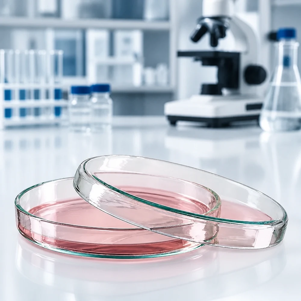 Boîte de Pétri en verre transparent, 90 mm de diamètre et 15 mm de hauteur, destinée aux analyses microbiologiques