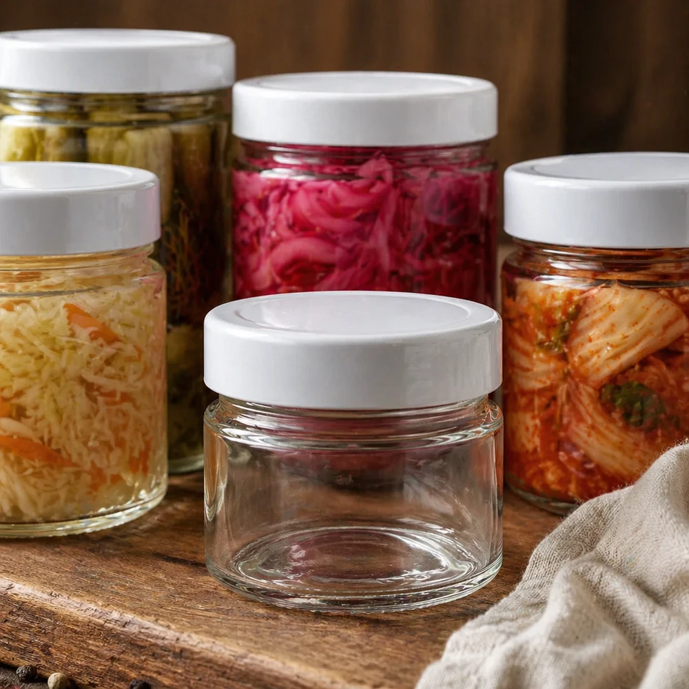 Bocal rond vide de 80 ml avec couvercle blanc BasicSeal à côté de bocaux remplis de légumes marinés et fermentés