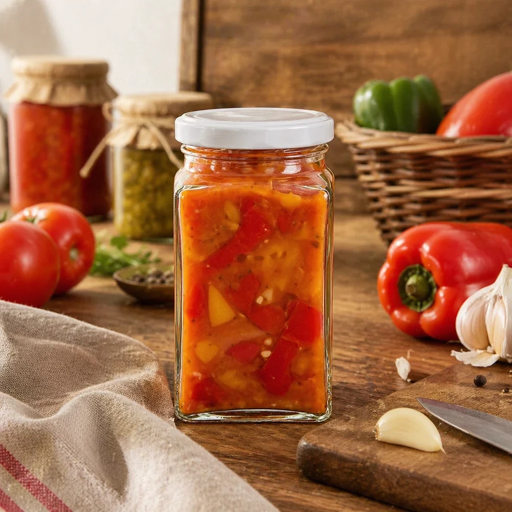 260ml Tetraglas avec couvercle BasicSeal blanc UNiTWIST 260ml Tetraglas BasicSeal rempli de légumes à tartiner aux côtés de poivrons de tomates et d'ail cuisine rustique mise en conserve