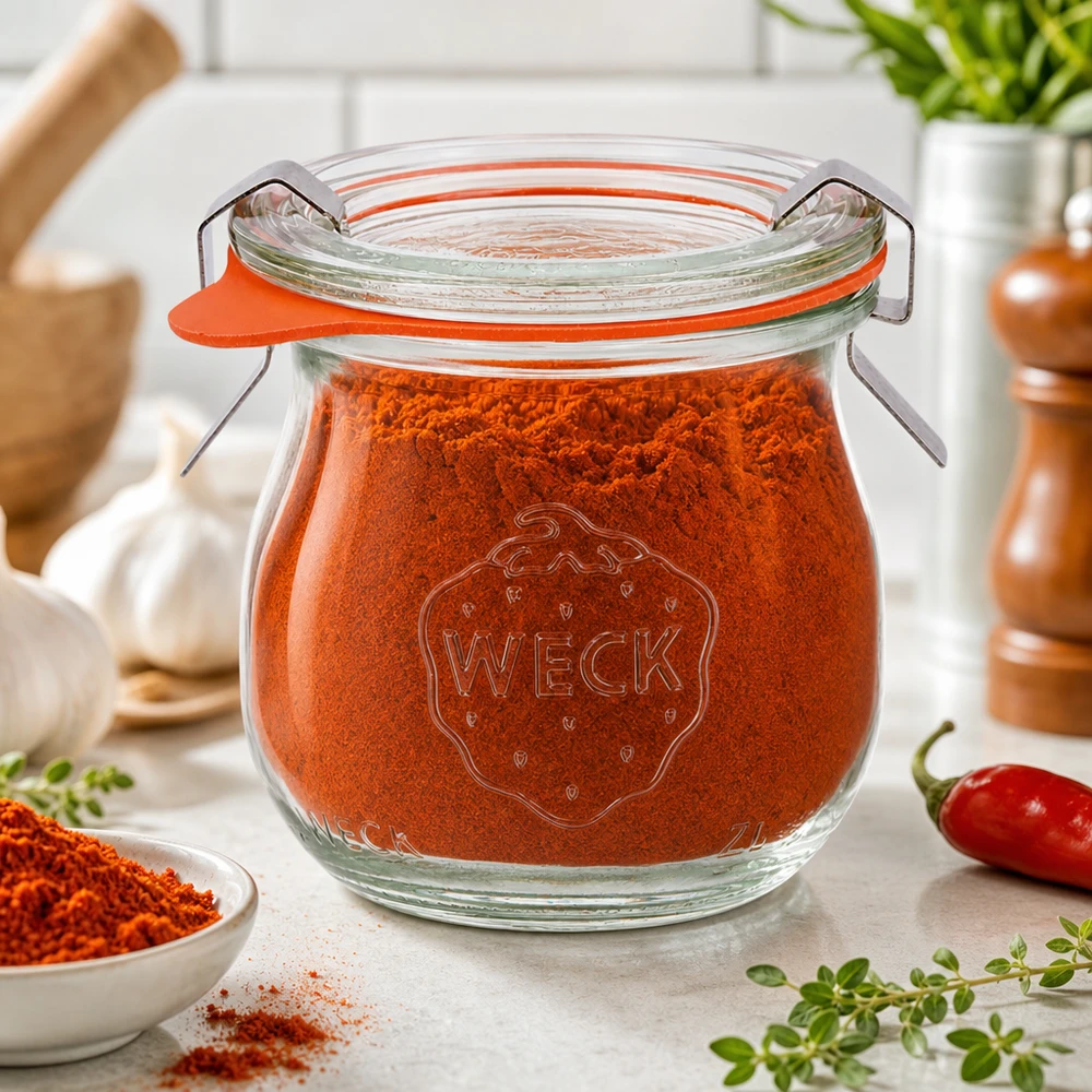 WECK Pot tulipe 75ml RR40 rempli de paprika en poudre dans une cuisine d'épices méditerranéenne avec des herbes fraîches et du chili