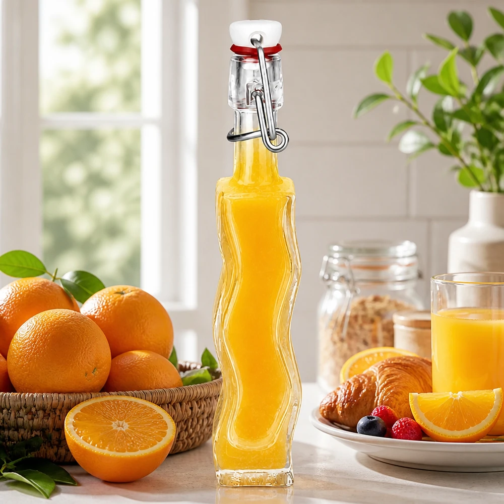 Flacon en verre « Fila » 40 ml avec bouchon en PVC UNiTWIST® Flacon en verre Anna de 40 ml rempli d'orange à côté d'oranges fraîches et de croissants dans une scène de cuisine ensoleillée
