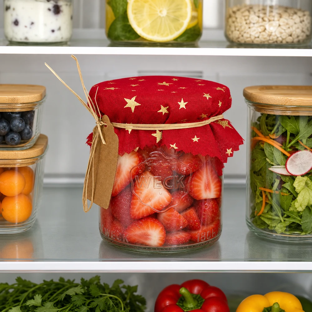 Couvercle décoratif rouge en forme d'étoile 12cm au réfrigérateur sur un bocal avec des fraises entre des bocaux à provisions et de la salade