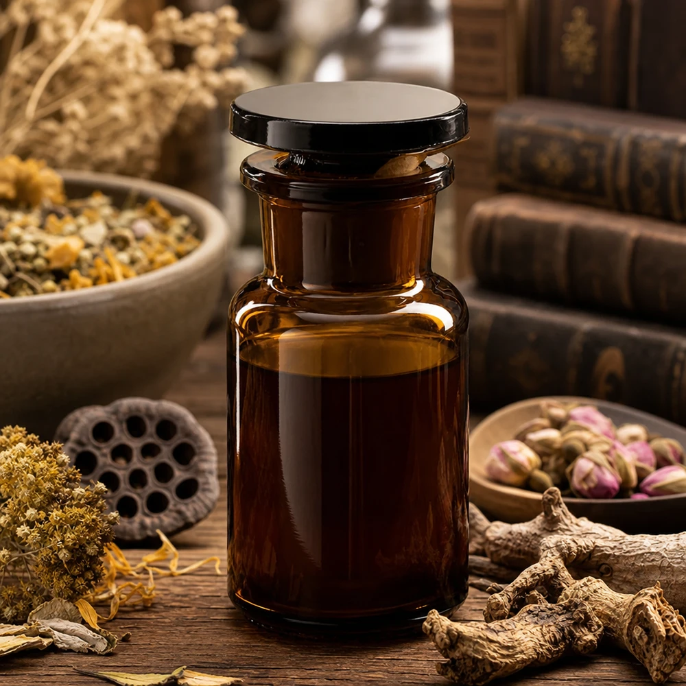 Flacon pharmaceutique 50 ml col large + bouchon verre ambré Flacon à épaulement arrondi de 50 ml, de couleur marron, muni d'un bouchon en verre, à côté de pétales de rose, d'herbes aromatiques et de manuels de médecine