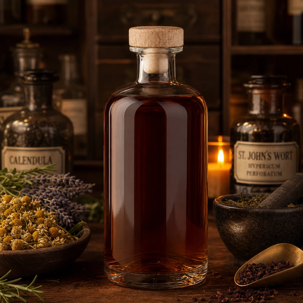 Bouteille en verre 500ml Flora avec bouchon en bois teinture brune entre les herbes calendula St Johnswort ambiance pharmacien