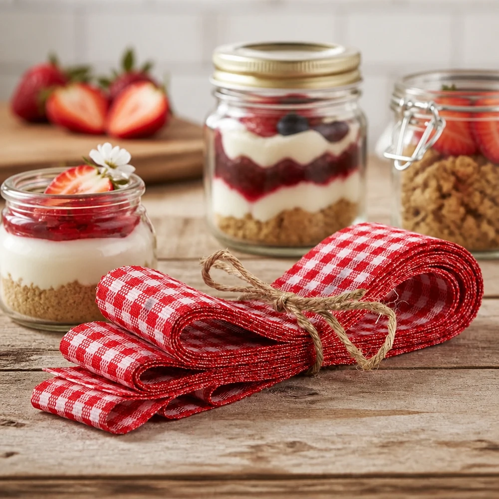 Ruban en tissu rouge et blanc pour la décoration, 300 cm Bande de tissu à carreaux rouge et blanc 300cm avec boucle en jute à côté de desserts faits maison dans un verre sur un fond en bois