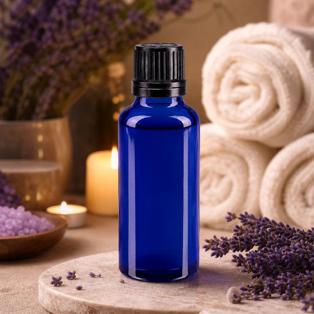 Flacon de pharmacie bleu 30ml bouchon compte-gouttes 1mm noir bouchon inviolabilité Flacon en verre bleu cobalt de 30 ml avec un bec verseur de 1 mm et un bouchon à vis noir