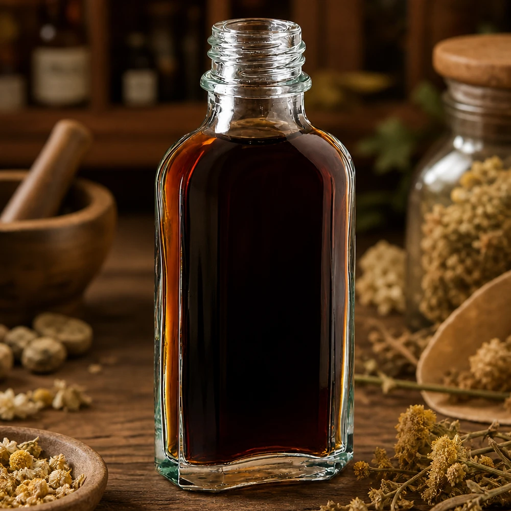 Flacon à fond plat de 50 ml, transparent, contenant de l'huile essentielle parmi des herbes médicinales séchées