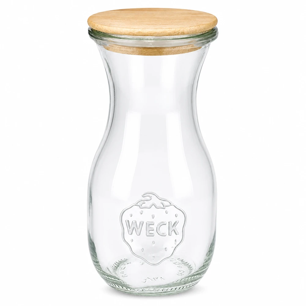 290ml Bouteille à jus de fruits WECK RR60 avec couvercle en bois WECK Bouteille de jus de fruits 290ml en verre avec couvercle en bois et logo en relief sur fond blanc