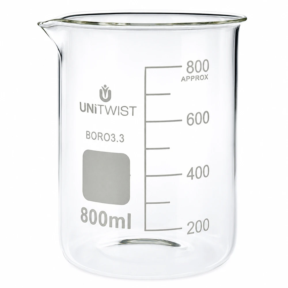 Bécher 800ml borosilicate, forme basse UNiTWIST Verre de laboratoire transparent de 800 ml avec graduation en millilitres jusqu'à 800 ml, forme basse, en borosilicate