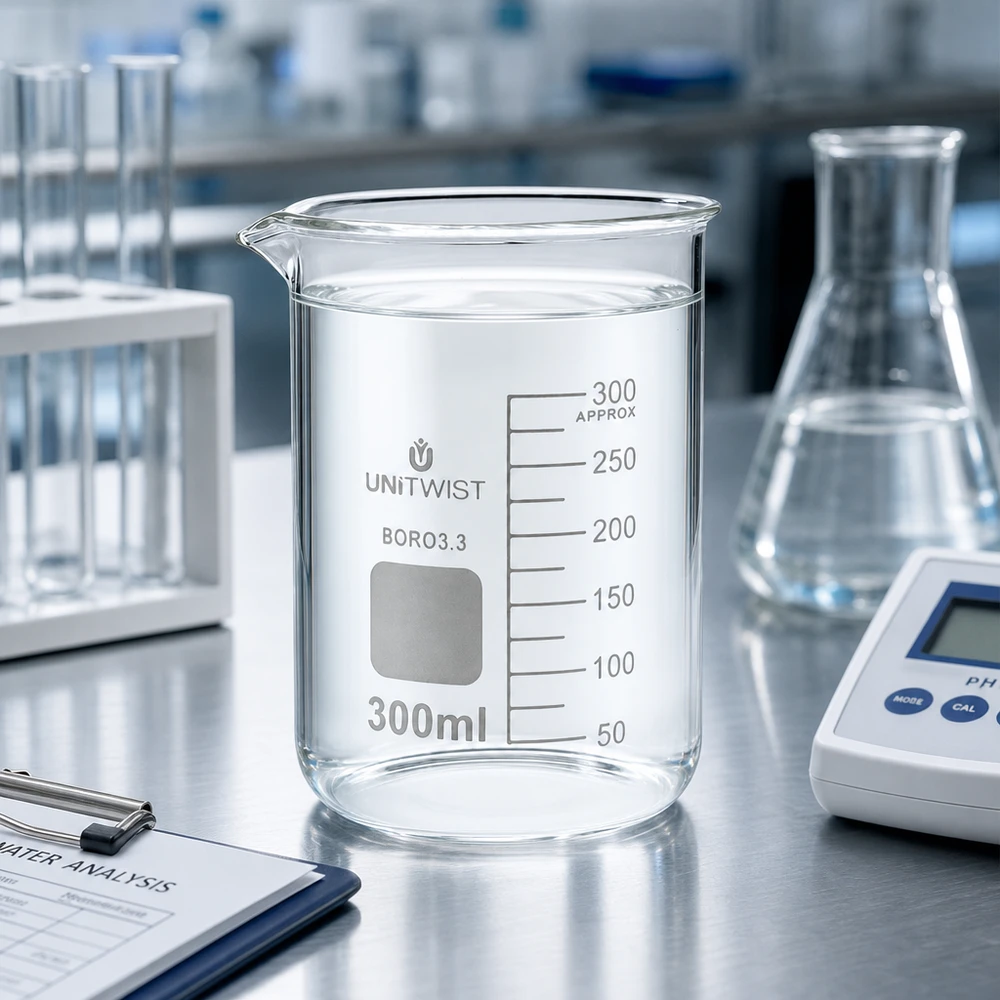 Bécher 300ml borosilicate, forme basse UNiTWIST Bécher transparent de 300 ml, de forme basse, muni d'un bec verseur, à côté de tubes à essai dans un laboratoire