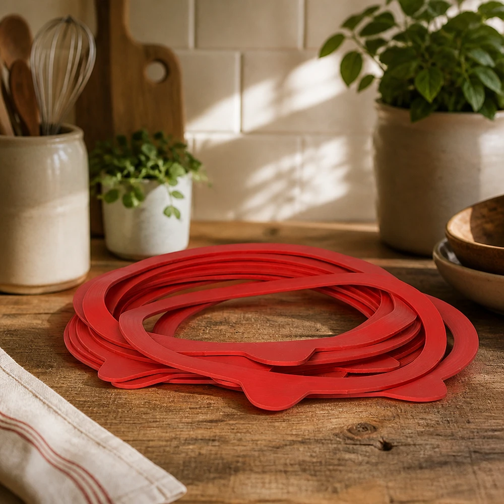 Anneaux de mise en conserve rouges RR120 en caoutchouc naturel, posés en éventail sur un plan de travail en bois dans une cuisine confortable avec des pots d'herbes aromatiques