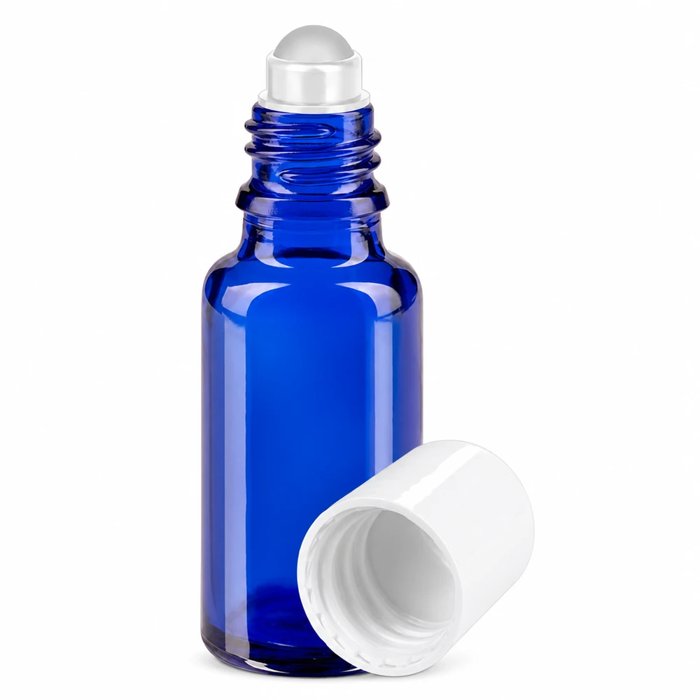 Flacon en verre bleu cobalt de 20 ml avec applicateur à bille et bouchon à vis blanc STD