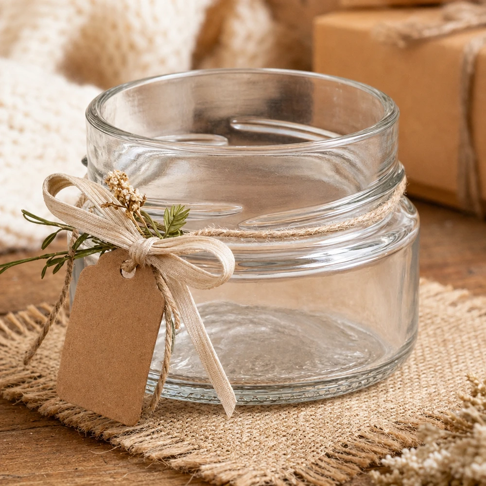 80ml Verre rond sans couvercle (TO58deep) UNiTWIST UNiTWIST Runda80 Pot rond 80ml TO58deep Pot de conserve vide avec couvercle et ruban sur table rustique en bois