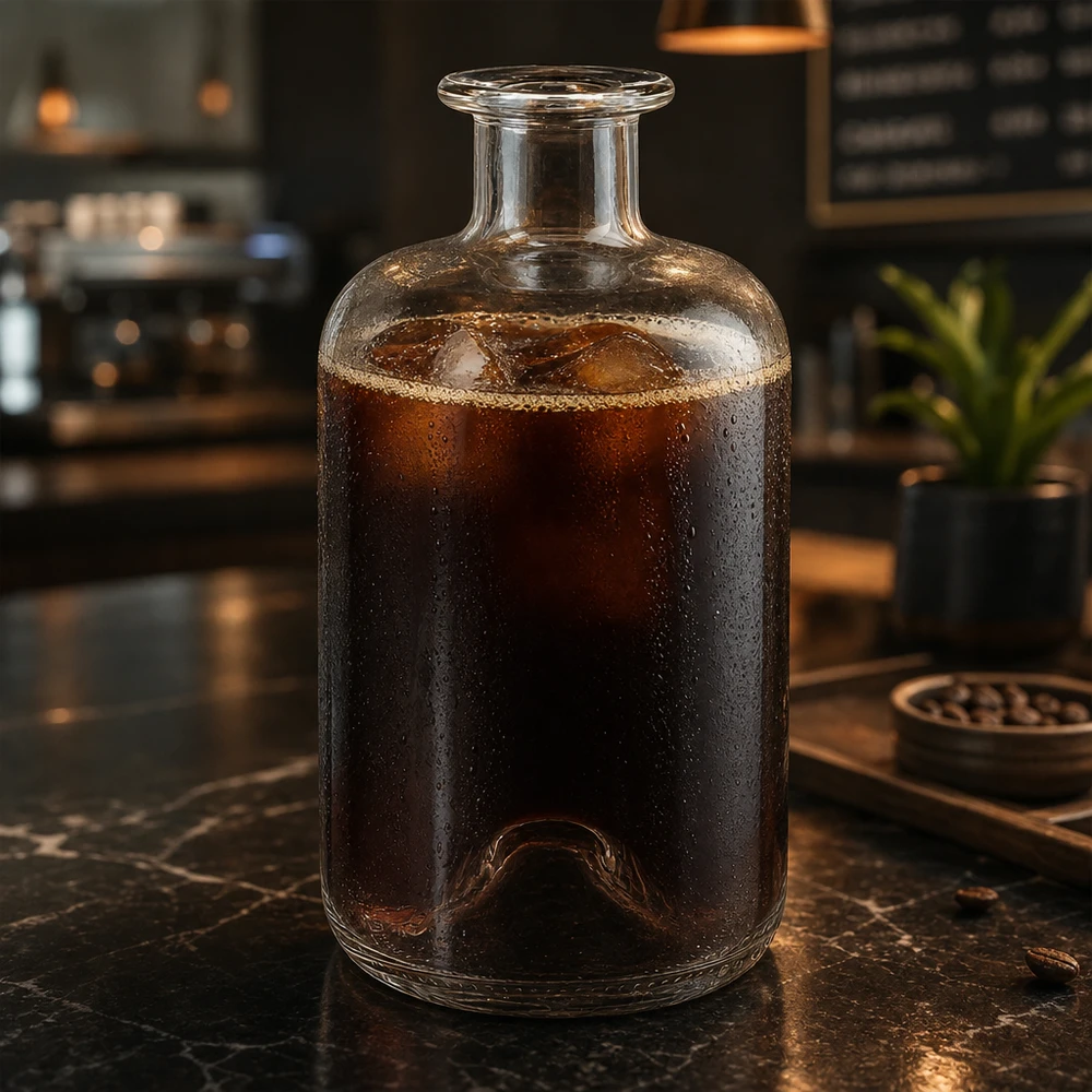 Flacon à pharmacie « 500ml Glasflasche "Luna" ohne Verschluss UNiTWIST » 500 ml sans bouchon UNiTWIST® Bouteille de pharmacie Luna 500ml remplie de café Cold Brew sur table en marbre dans une atmosphère de café moderne