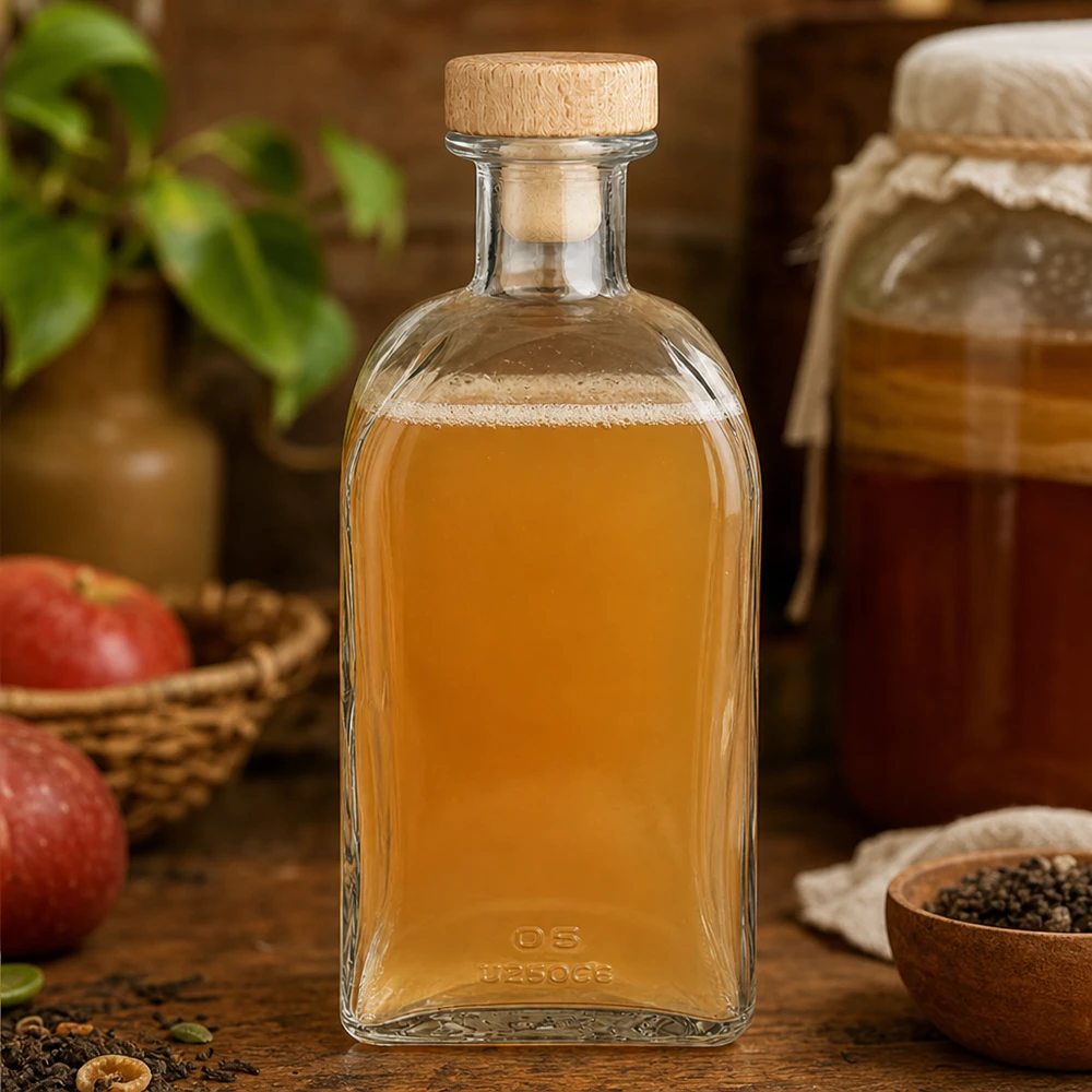 Flacon à pharmacie « Julia » 500 ml avec bouchon en bois UNiTWIST® Bouteille en verre Julia de 500 ml avec bouchon en bois remplie de jus de pomme entre des pommes et des épices sur le comptoir de la cuisine