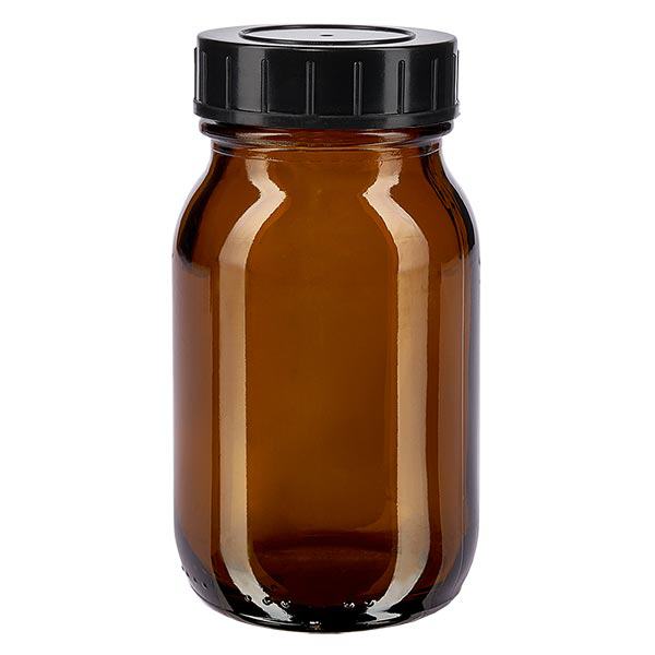 Bocal à col large en verre ambré 100 ml + couvercle à vis