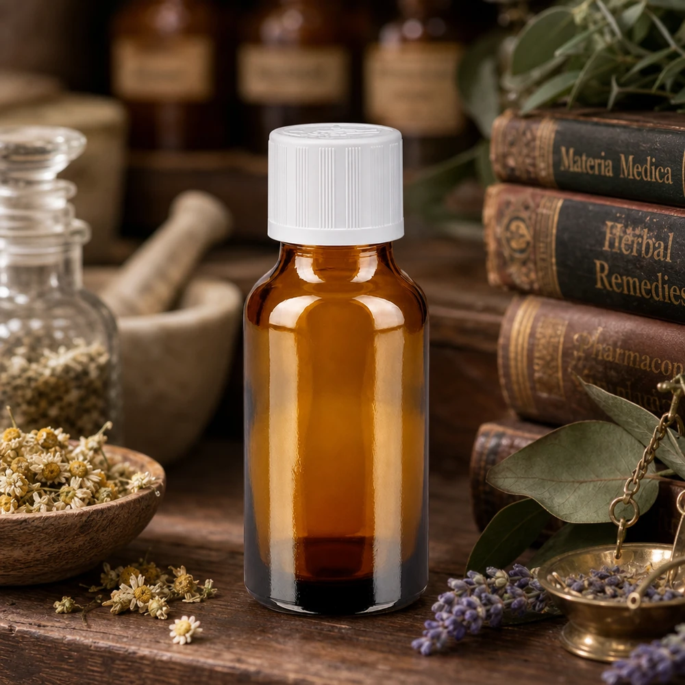 Flacon de pharmacie classique de 20 ml en verre brun protégeant des rayons UV, muni d'un bouchon KiSi blanc sur un support en bois