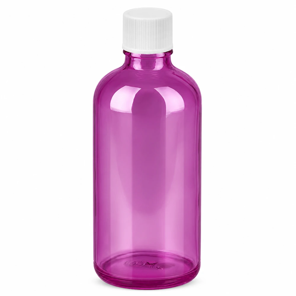 Bouteille en verre ronde de 100ml en violet avec bouchon blanc pour une conservation sûre des liquides