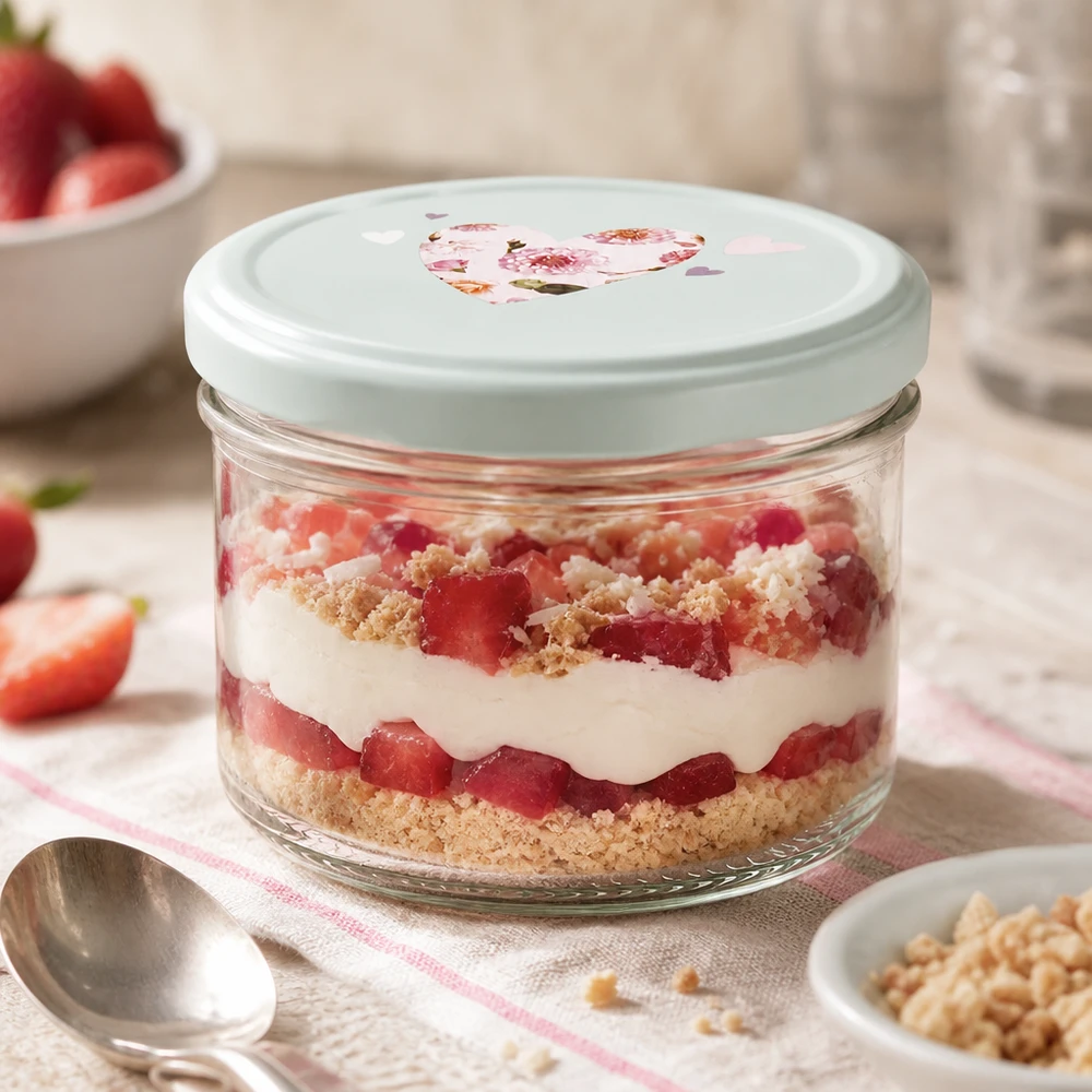 Pot cylindrique de 230 ml + couvercle BasicSeal cur menthe Pot cylindrique de 230ml avec couvercle BasicSeal coeur menthe pour dessert en couches avec fraises crème et vermicelles en dessert