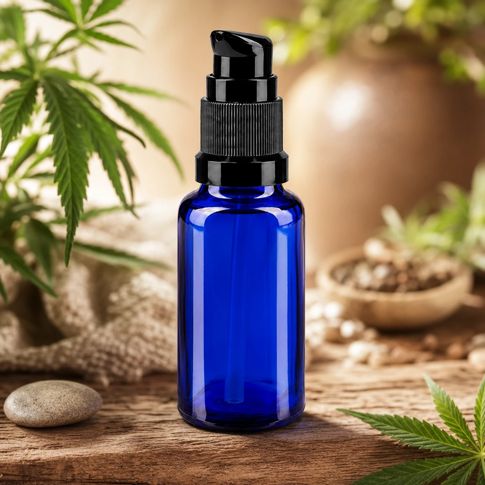Flacon cylindrique en verre bleu de 20 ml muni d'une pompe STD noire, posé sur un socle en bois orné de pierres