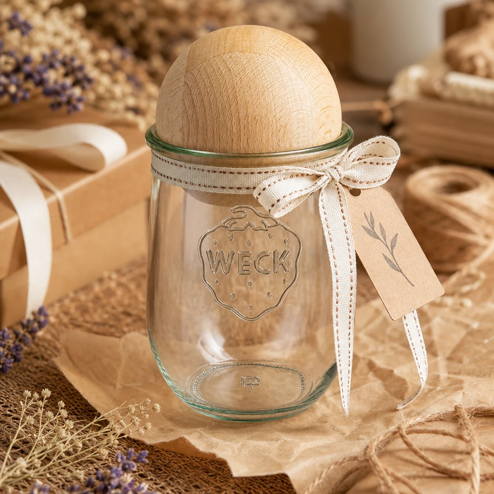 1062ml bocal tulipe WECK RR100 avec boule en bois en hêtre WECK Bocal à provisions RR100 1062ml avec couvercle en forme de boule en hêtre dans une décoration naturelle de maison de campagne avec lavande et ruban en bois