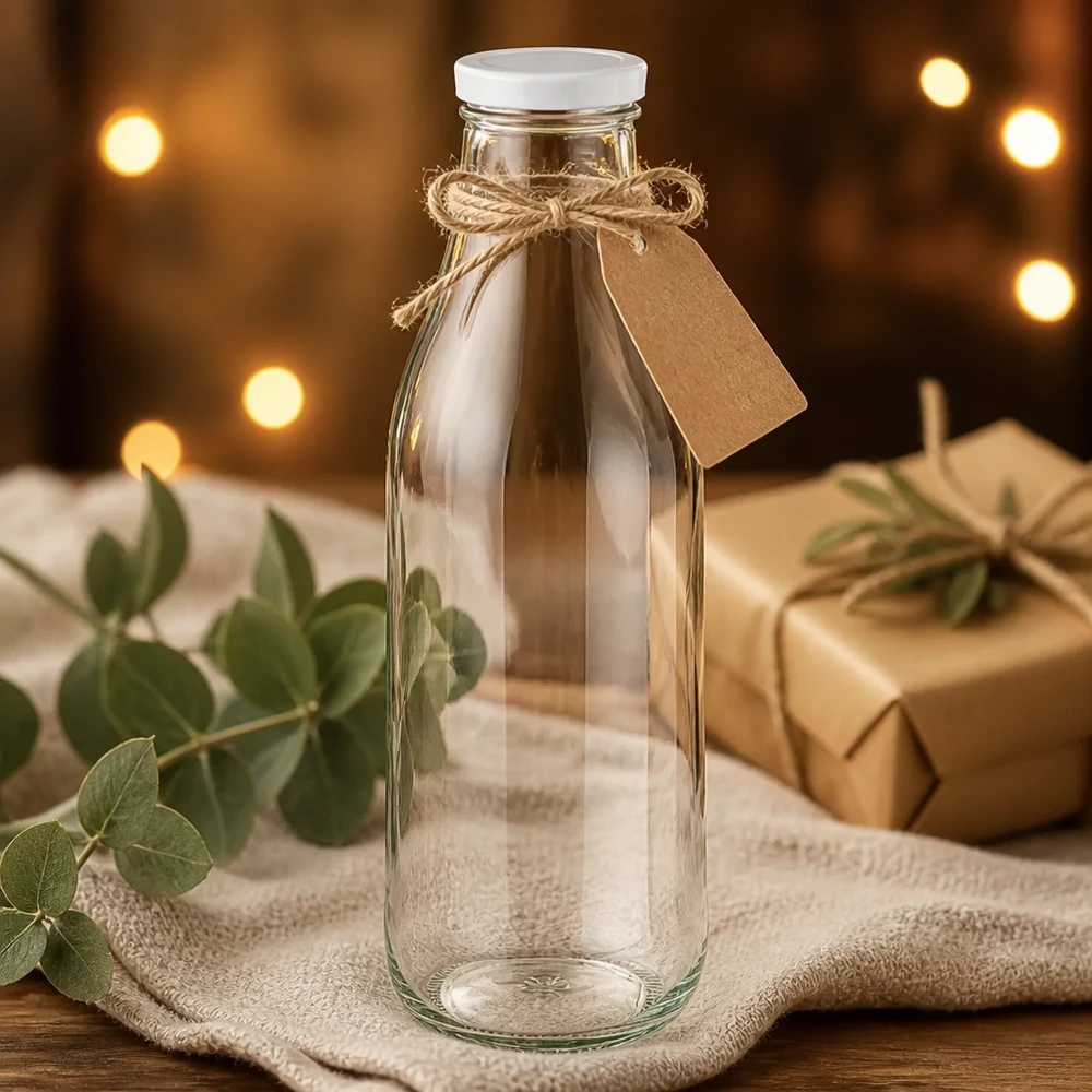 1000ml Bouteille avec couvercle BasicSeal blanc UNiTWIST Bouteille en verre 1000ml BasicSeal Couvercle blanc Emballage cadeau Sac en jute Eucalyptus Décoration lumière chaude présentation rustique