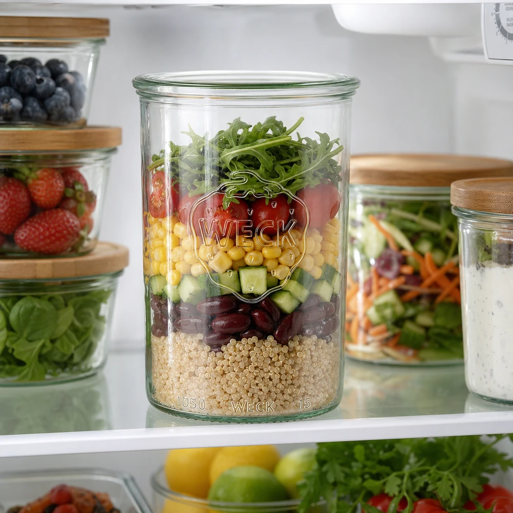 WECK Sturzglas 1000ml mit buntem Schichtsalat im Kühlschrank - perfekt für Meal Prep und stylische Aufbewahrung