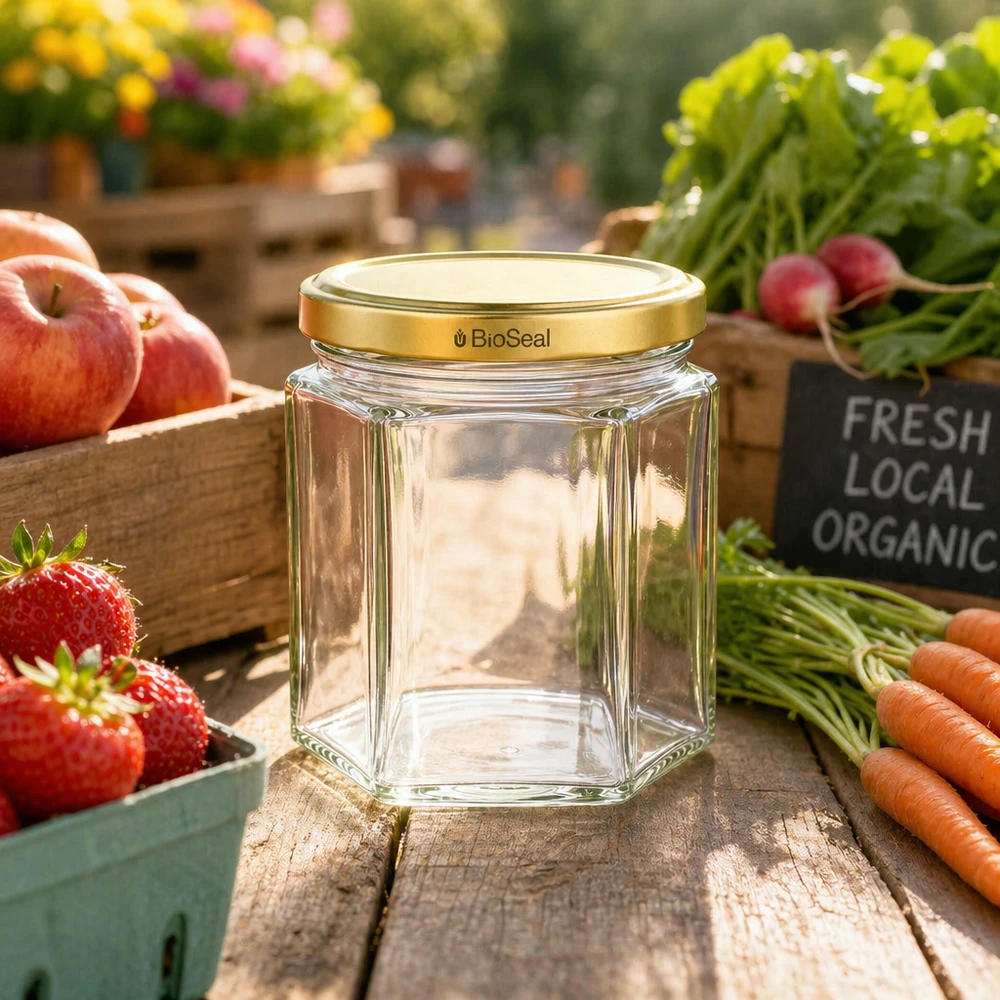 47ml Verre hexagonal avec couvercle BioSeal or UNiTWIST Bocal en verre vide UNiTWIST Hexa47 avec couvercle BioSeal doré entre des fruits et légumes frais bio sur une table en bois