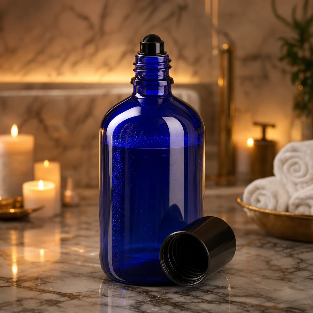 Flacon en verre d'apothicaire bleu de 100 ml avec bille roulante, dans une ambiance spa élégante agrémentée de bougies