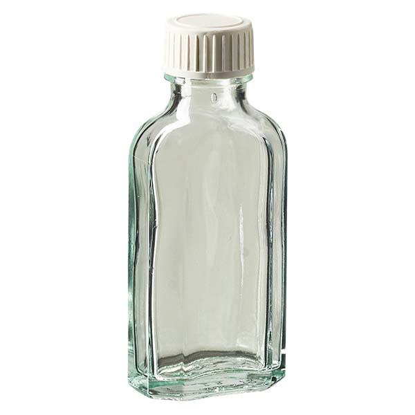 Flasque transparente de 50 ml au goulot DIN 22, avec bouchon à vis DIN 22 blanc en PP et joint mousse en PE Flasque transparente de 50 ml au goulot DIN 22, avec bouchon à vis DIN 22 blanc en PP et joint mousse en PE