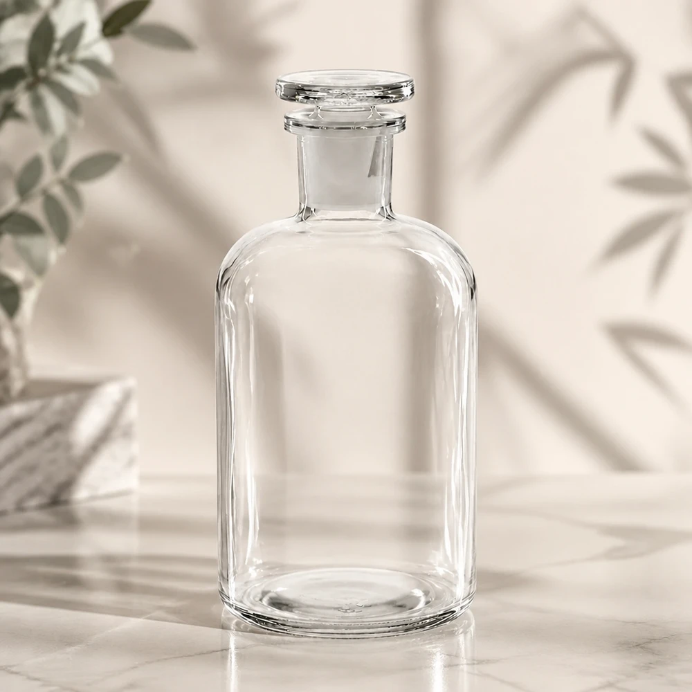 Flacon pharmaceutique 500 ml col étroit en verre clair + bouchon Flacon en verre transparent de 500 ml, à épaules arrondies, col étroit et bouchon, pour parfums et parfums d'ambiance